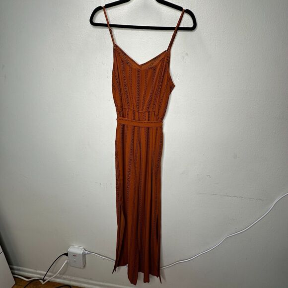 E & M Rust & Black Aztec Print V-Neck Spaghetti Strap Pockets Tie Waist Jumpsuit - Picture 7 of 16